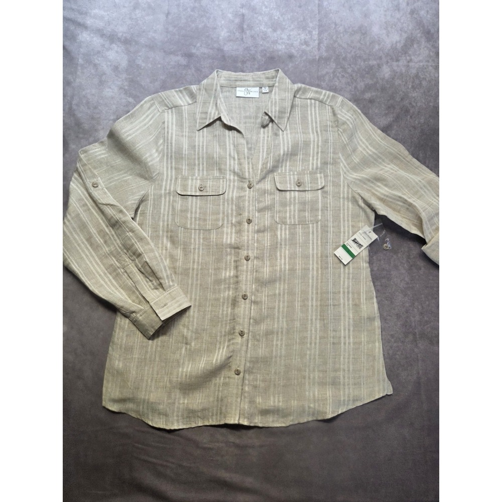 NWT Studio Works 100% Linen Beige  Long Sleeve Button Down Shirt Large Beach